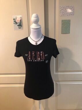 Aeropostale Black Tee with Rose Gold Sequin AERO Logo